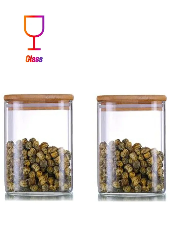 1Chase 1CHASE 2-Piece Borosilicate Square Glass Storage Jar With Air Tight Bamboo Lid 900 ML